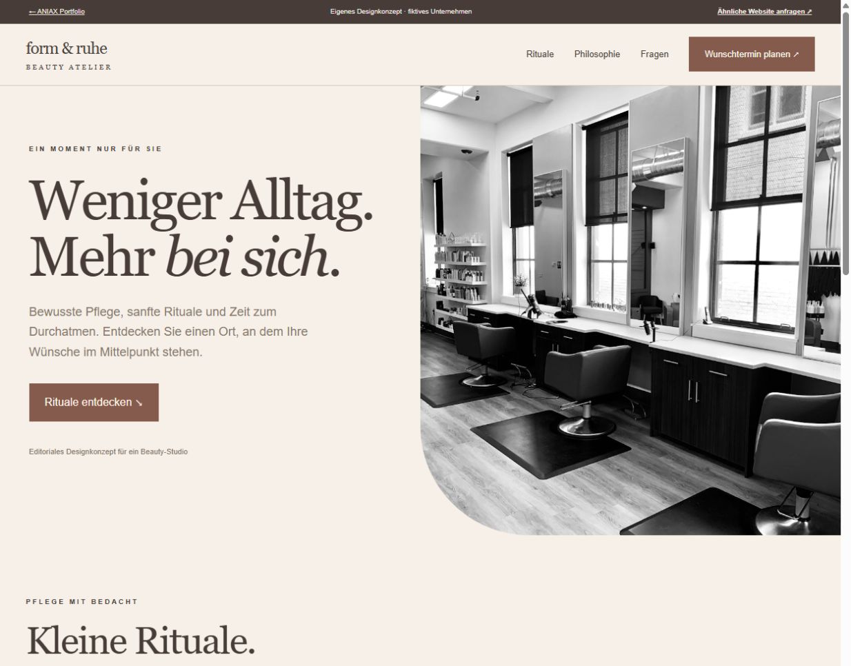 Website-Vorschau des Designkonzepts FORM & RUHE