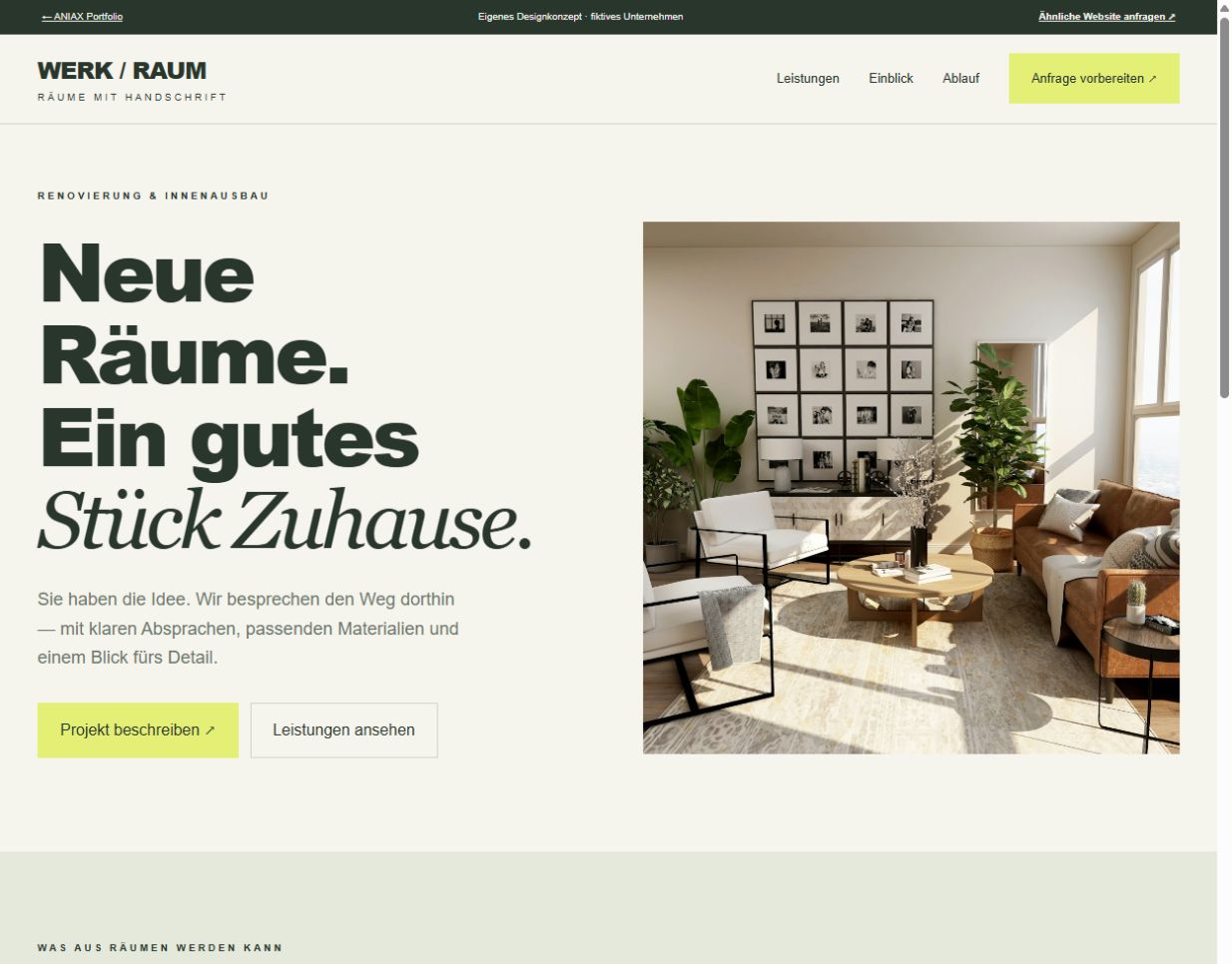 Website-Vorschau des Designkonzepts WERK / RAUM